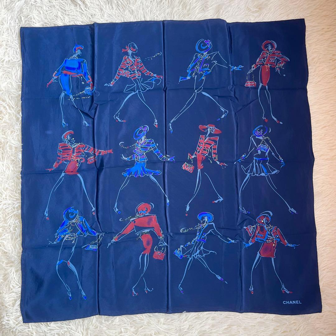 CHANEL シャネル マドモアゼル スカーフ シルク 大判 ネイビー