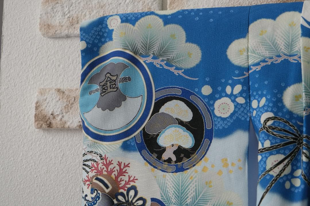 46.　☆ kinaco☆3歳　七五三　着物 青色 雲と鶴