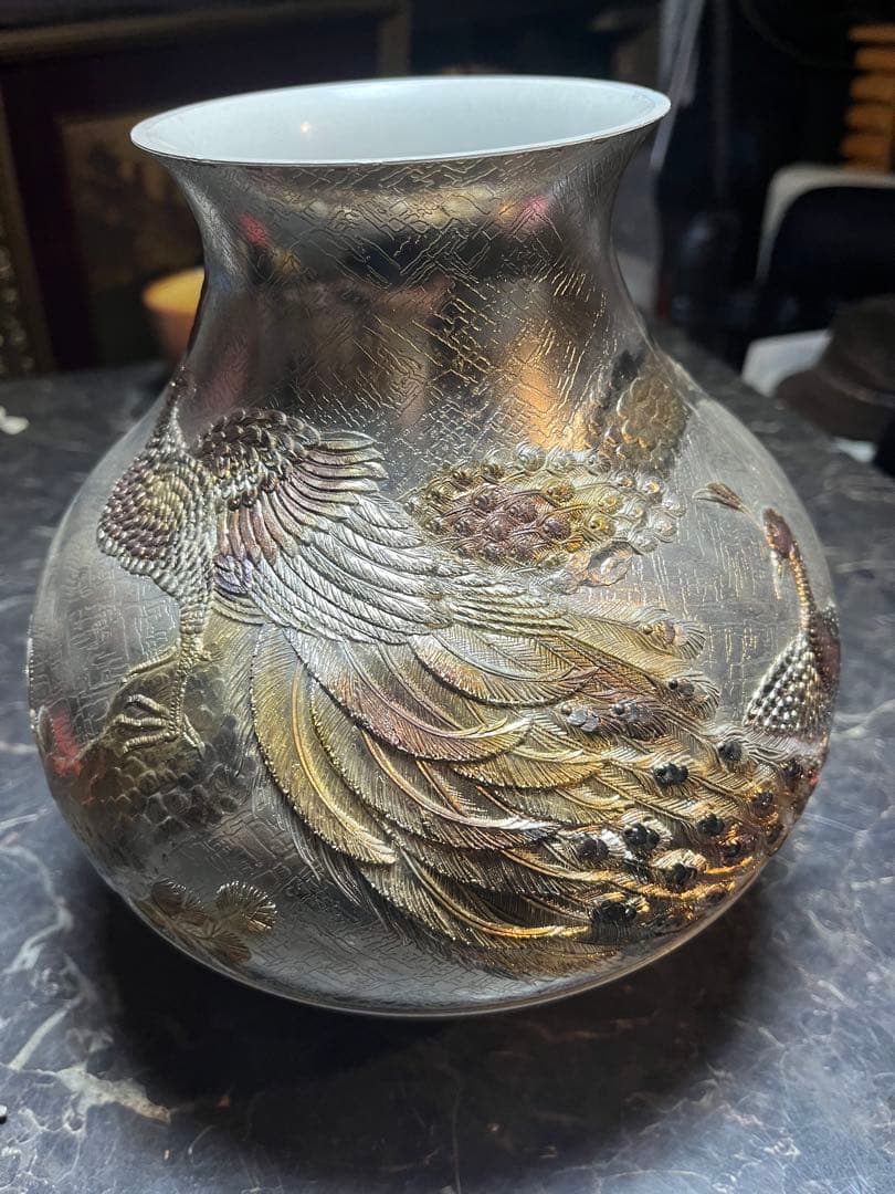 銀製花瓶、花瓶銀仕上げ、銀仕上げ花瓶、3.7キロ、鳳凰銀花瓶、金銀仕上げ花瓶