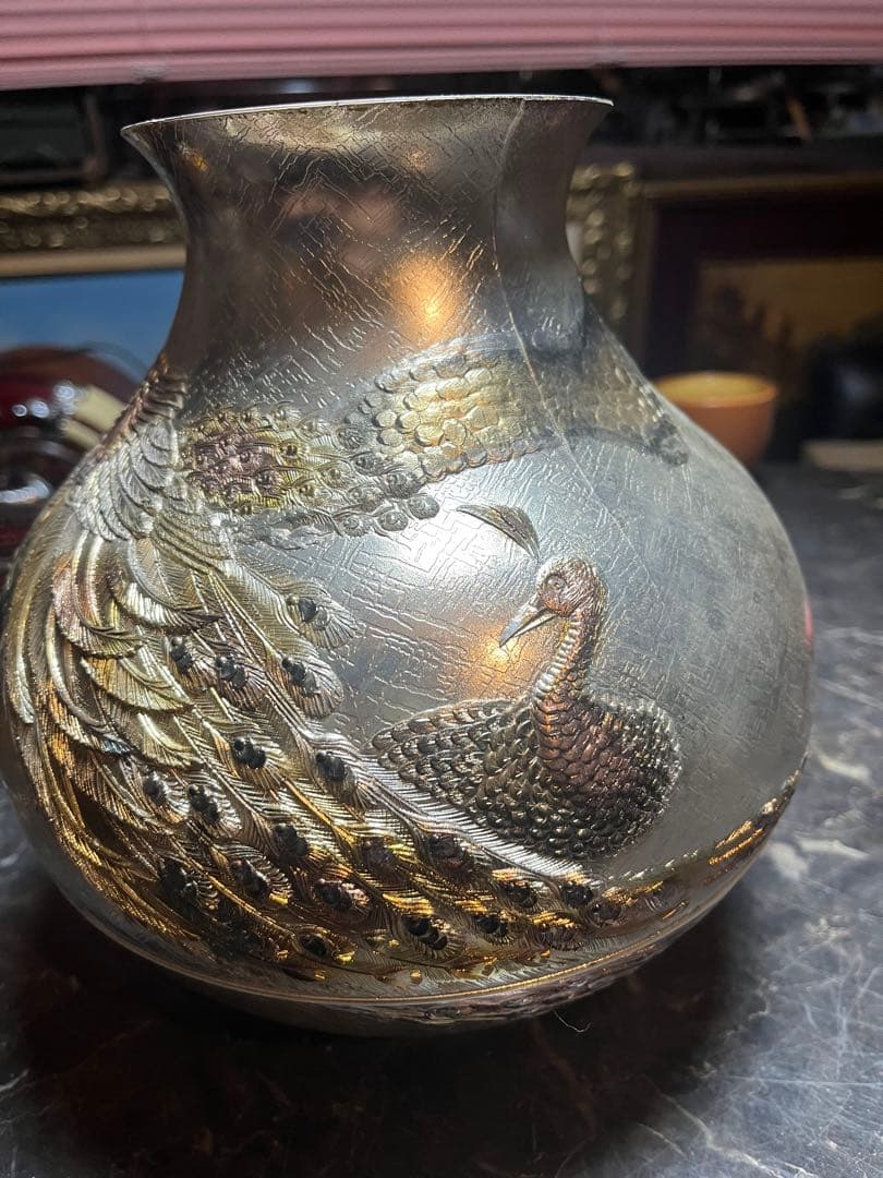 銀製花瓶、花瓶銀仕上げ、銀仕上げ花瓶、3.7キロ、鳳凰銀花瓶、金銀仕上げ花瓶