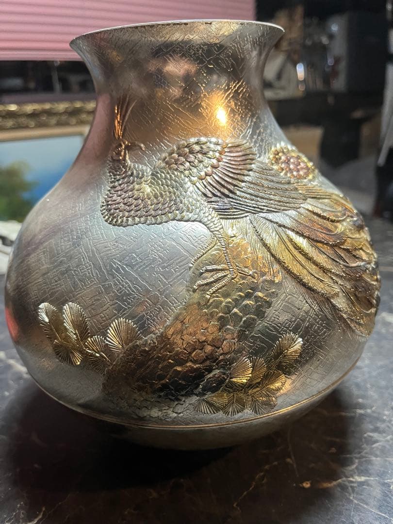 銀製花瓶、花瓶銀仕上げ、銀仕上げ花瓶、3.7キロ、鳳凰銀花瓶、金銀仕上げ花瓶