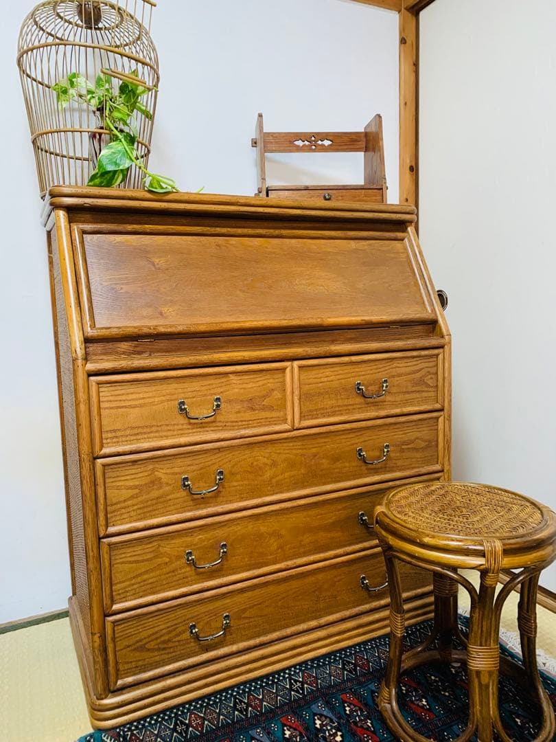 み*み様 【美品】大容量 レトロ アンティーク 丸十家具 ラタン ライティングビ