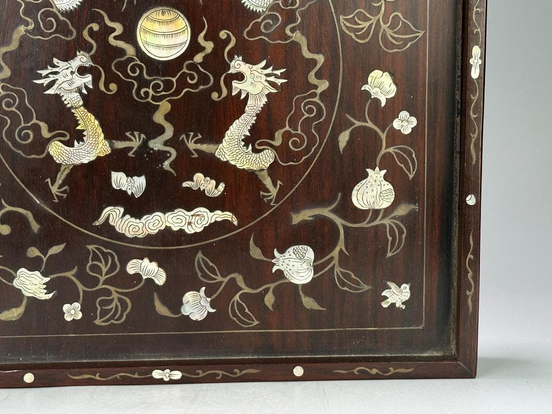 中国美術　清時代 花梨木　螺鈿嵌　双龍文　茶盤　引き出し付　書斎道具　李朝螺鈿