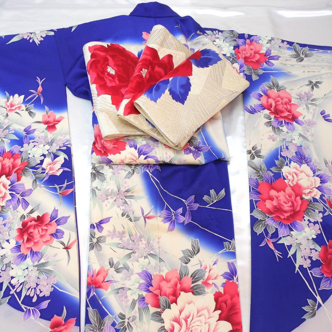 美品★振袖フルセット　振袖　正絹　成人式　Mサイズ　ブルー　青　花柄　バラ