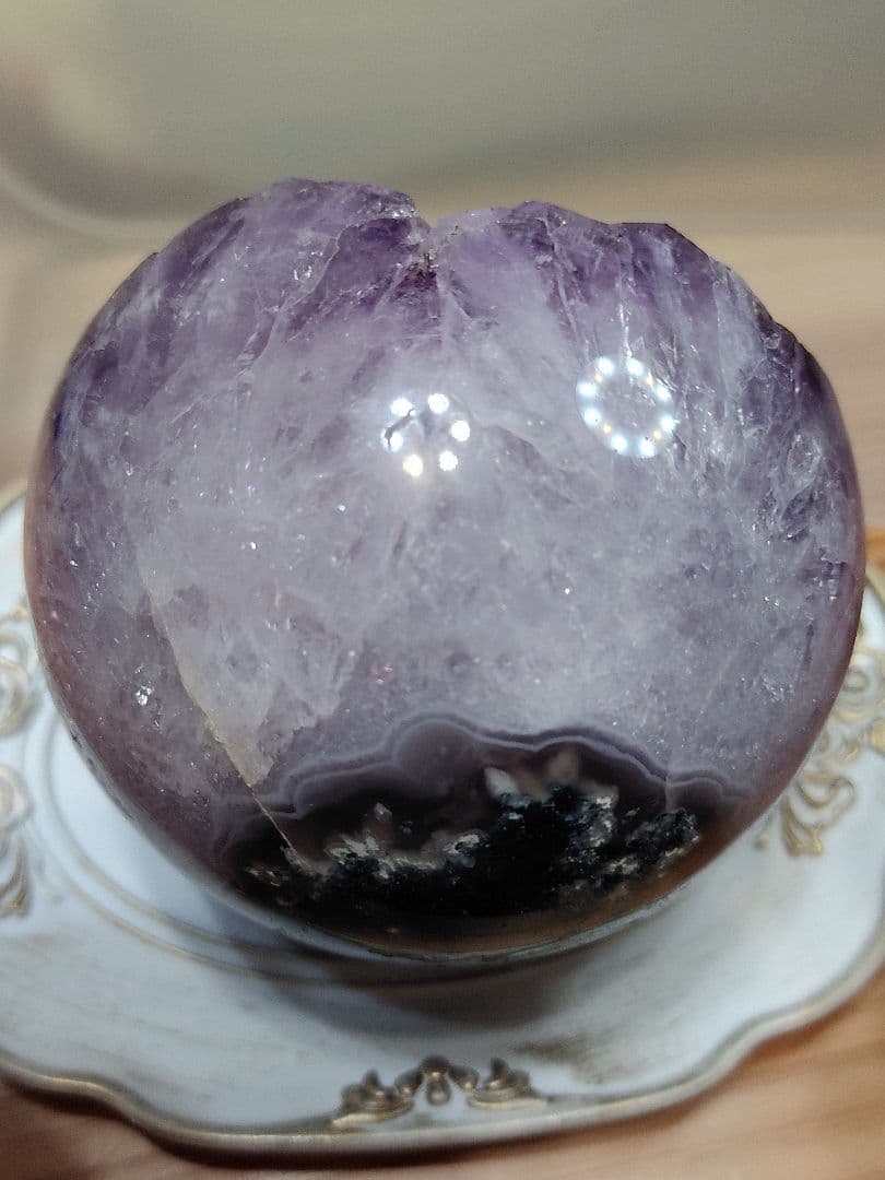 レア アメジスト笑口 金針ルチル入り 直径10.5cmブラジル産アメシスト丸玉