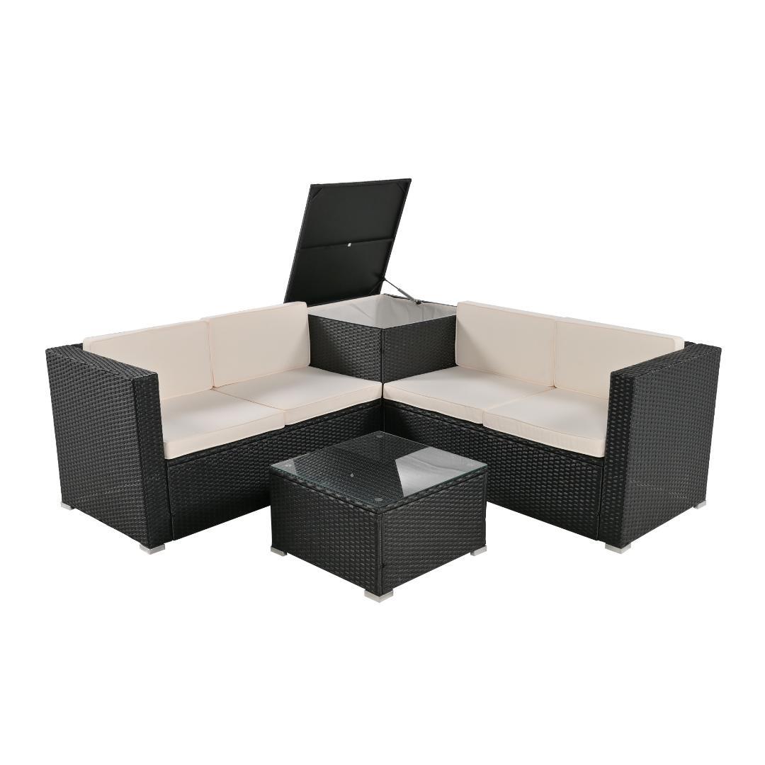 ガーデンファニチャー 4点 収納付き ガーデン クッション付き ラタン調 ソファ