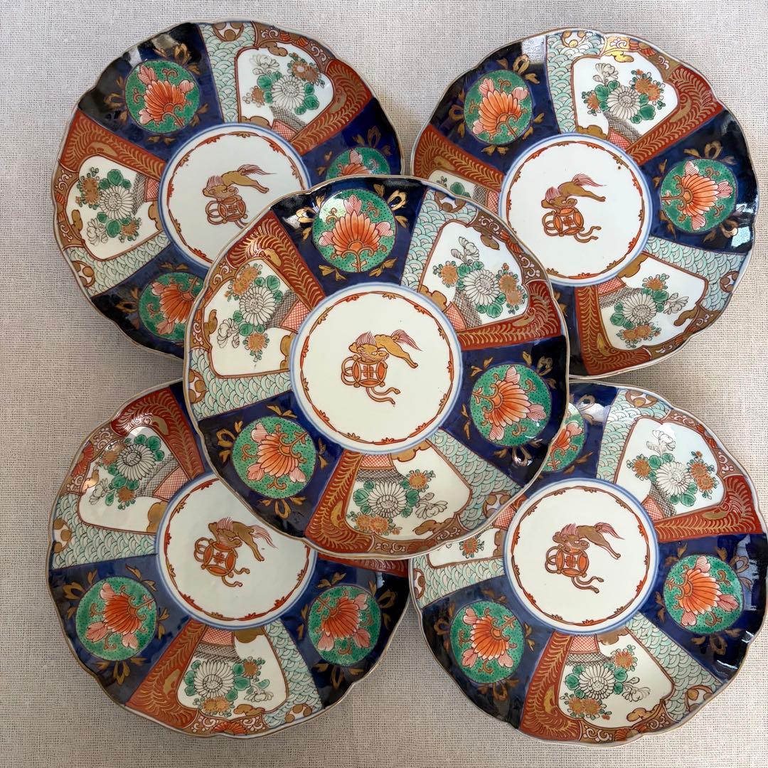 和食器 伊万里様式 色絵 金彩 七寸皿 輪花皿 宝尽くし 5枚セット　時代物