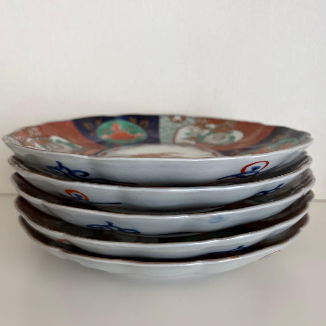 和食器 伊万里様式 色絵 金彩 七寸皿 輪花皿 宝尽くし 5枚セット　時代物