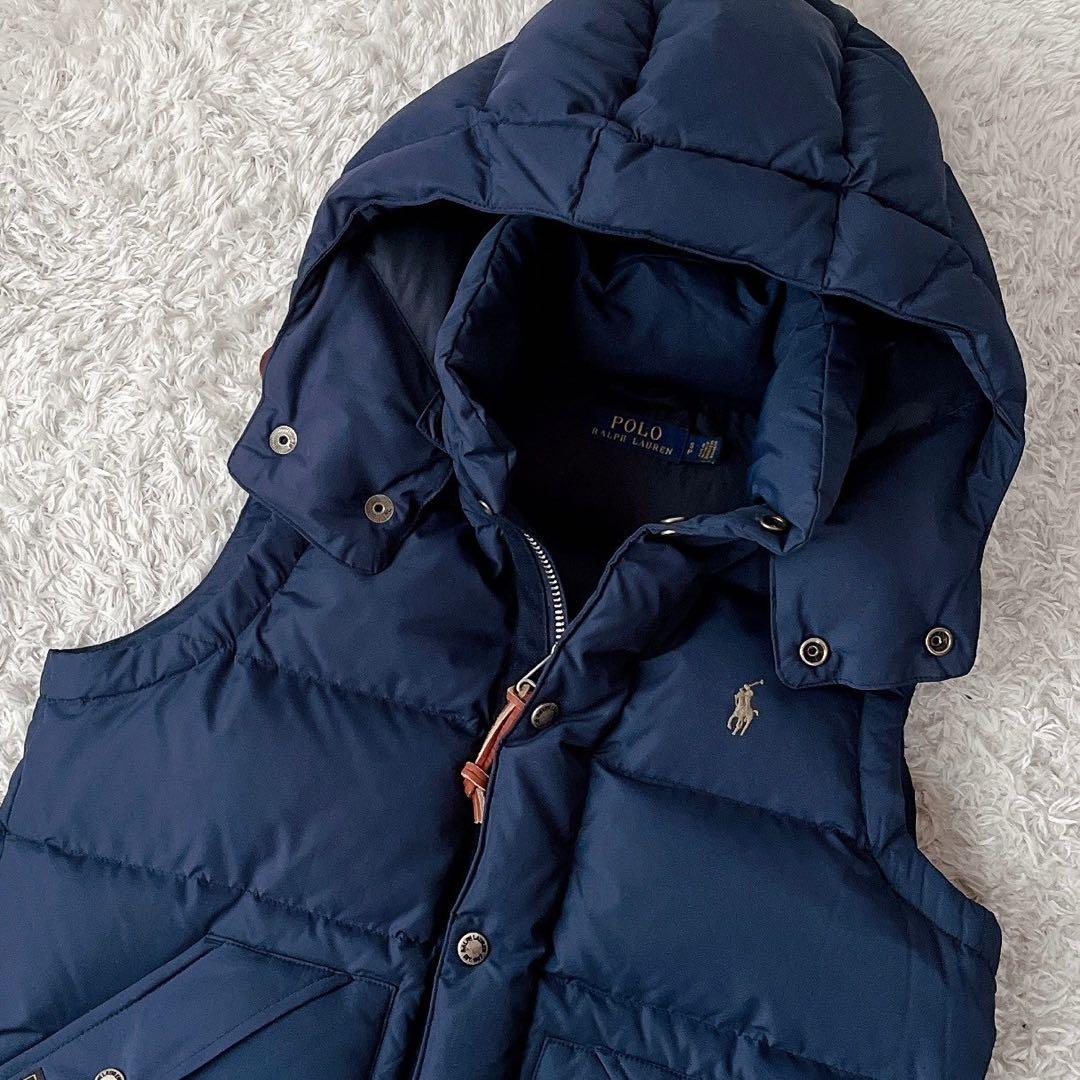 【美品】ポロラルフローレン ダウンベスト ポニー刺繍 紺ネイビー フード付