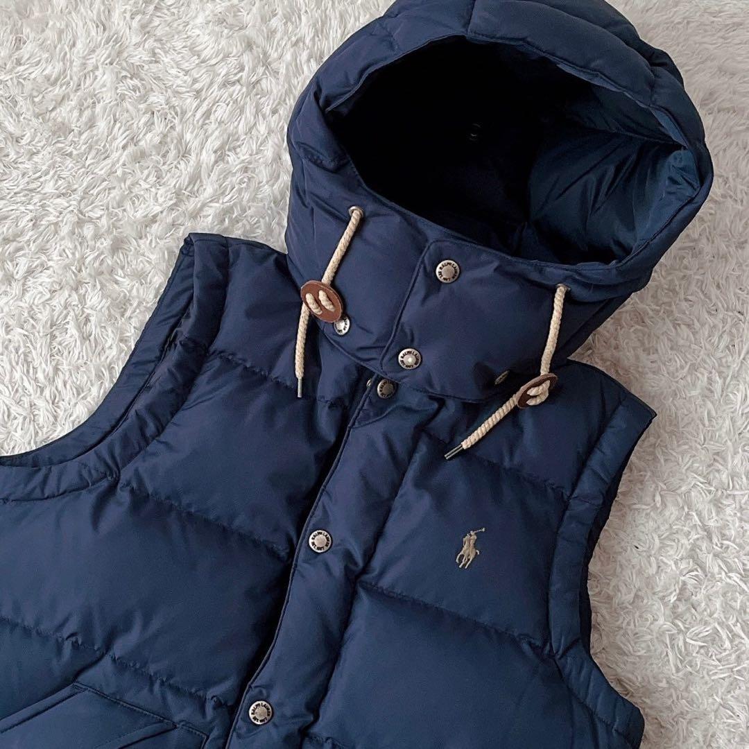 【美品】ポロラルフローレン ダウンベスト ポニー刺繍 紺ネイビー フード付