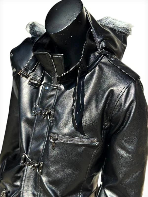 PUレザー セミロング ファーコート★ブラック★L