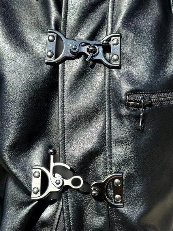 PUレザー セミロング ファーコート★ブラック★L