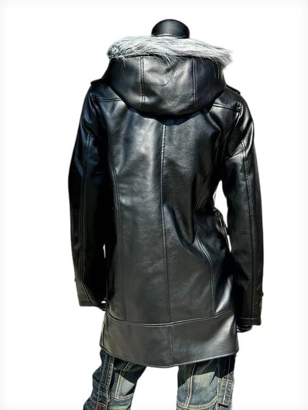 PUレザー セミロング ファーコート★ブラック★L
