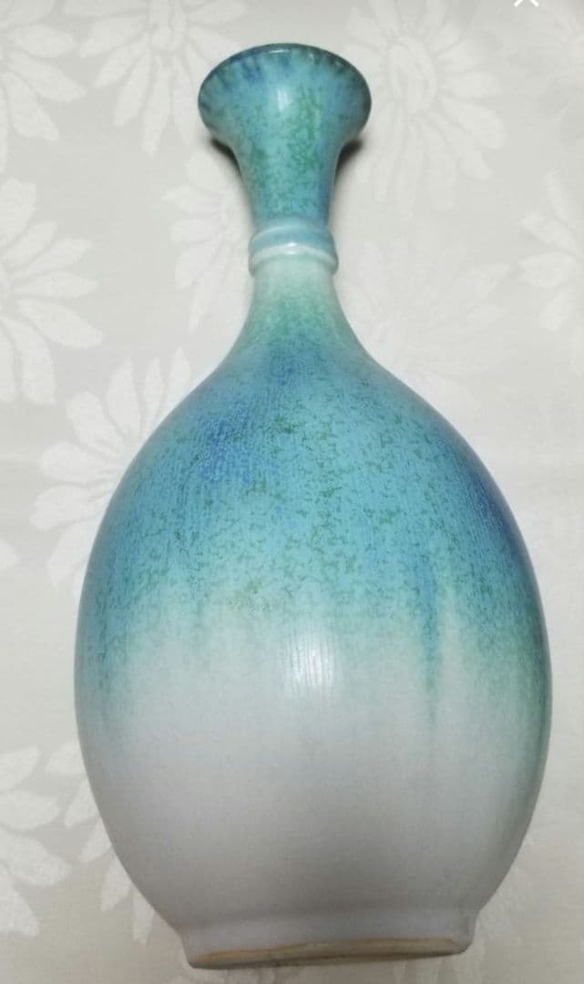 花器 花生 陶磁器　織部鶴首　花生　橘きち青緑色 陶器 花瓶 木箱付き