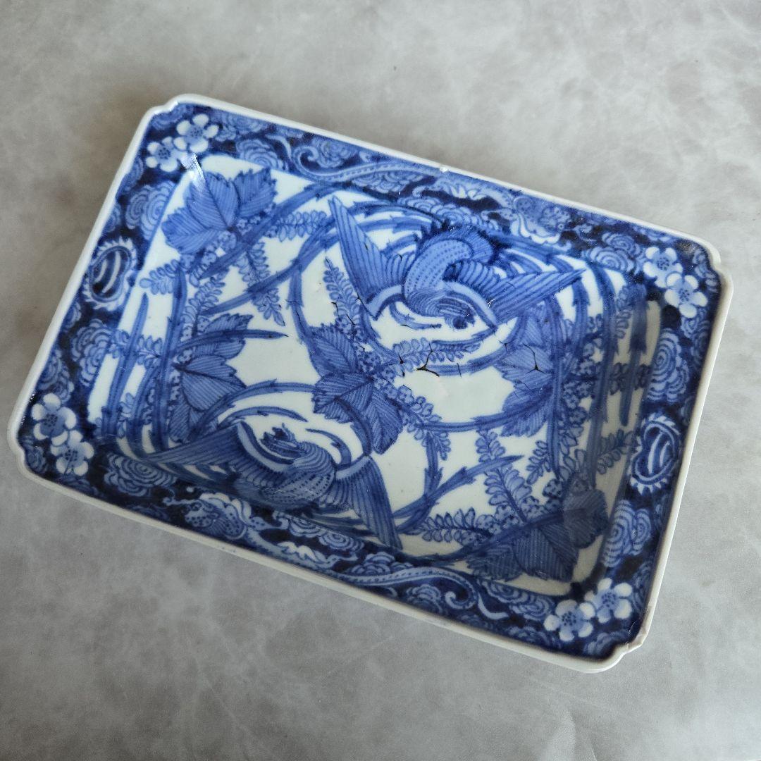 古伊万里　鳳凰　桐　染付　角皿　江戸時代　骨董　金直し　金継ぎ　アンティーク