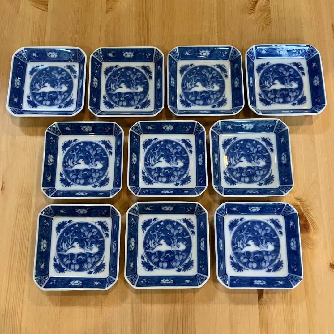 A2G27■ 深川製磁 染付おしどり 角皿 10枚組 鴛鴦 小皿