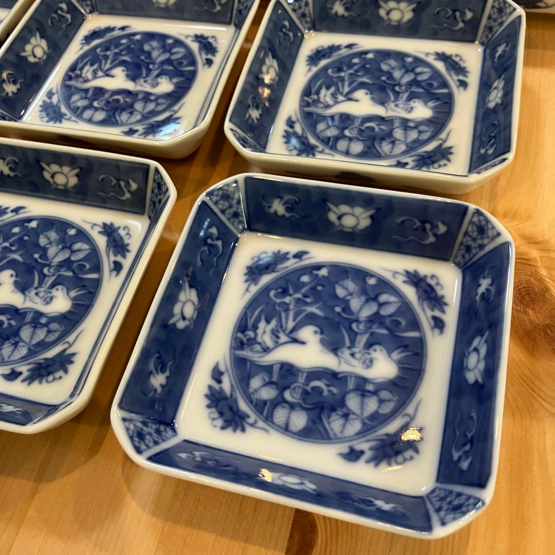 A2G27■ 深川製磁 染付おしどり 角皿 10枚組 鴛鴦 小皿