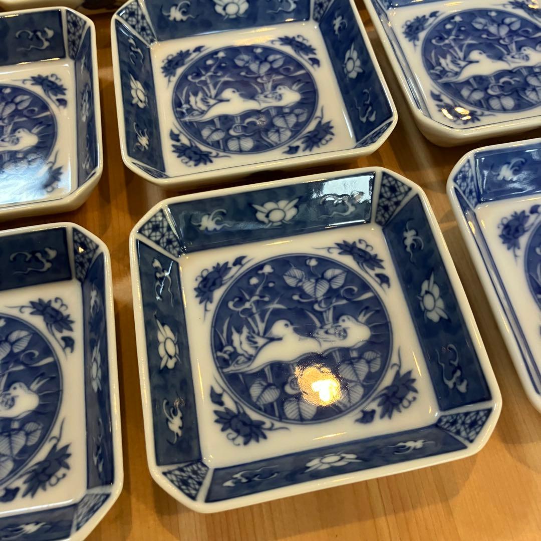 A2G27■ 深川製磁 染付おしどり 角皿 10枚組 鴛鴦 小皿