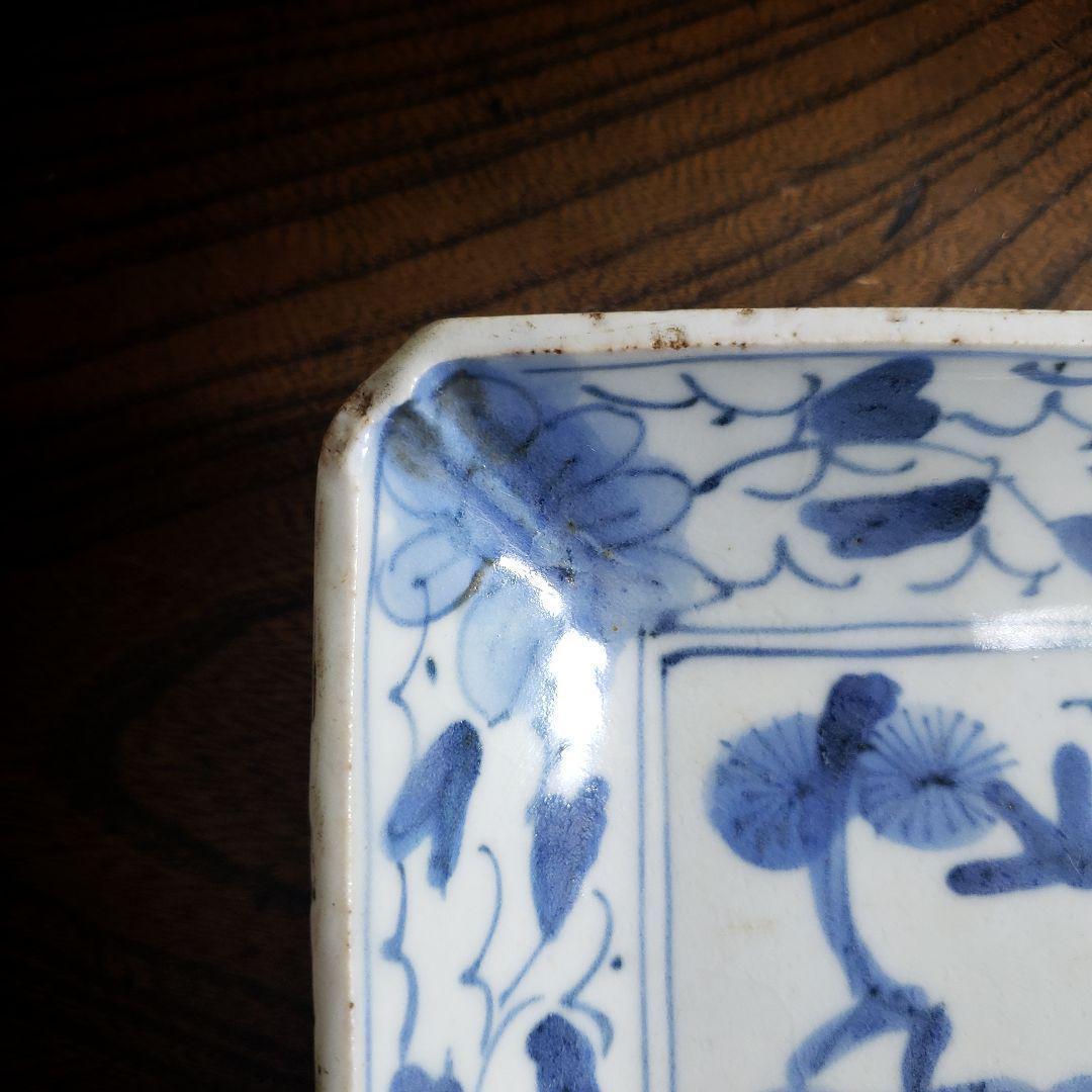 古伊万里 染付松竹梅図長皿 牡丹唐草 花唐草 鮎皿 江戸後期 厚手 訳あり