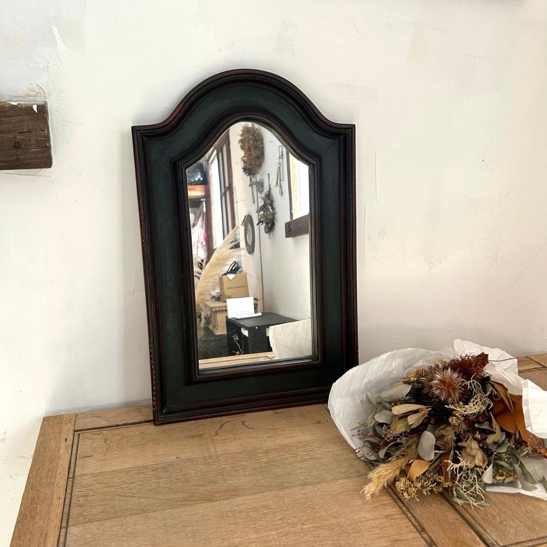 フランスアンティーク　ウォールミラー　鏡　壁掛アーチ　ダークグリーン