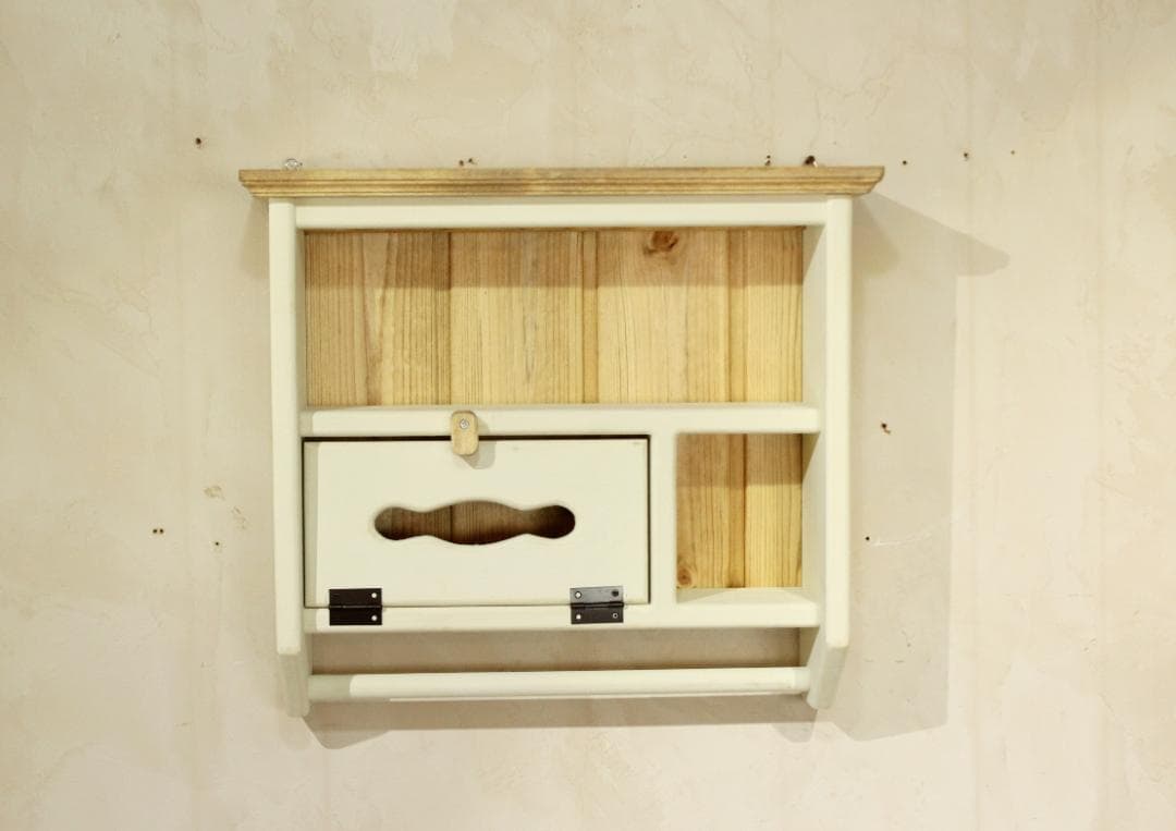 ハンドメイド　ホワイトシャビー　ティッシュシェルフ タオルホルダーつき