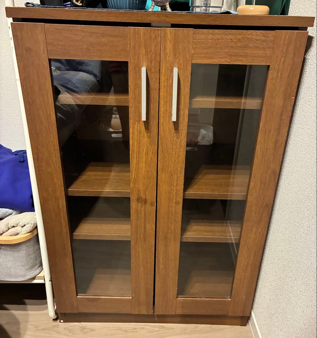 木製 ガラス扉 キャビネット ダークブラウン 収納棚 本棚