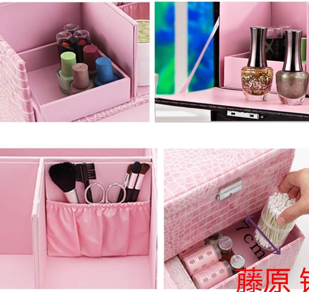 化粧品収納ボックス 化粧鏡付きメイクボックス 木製 引き出し ワニ紋 おしゃB