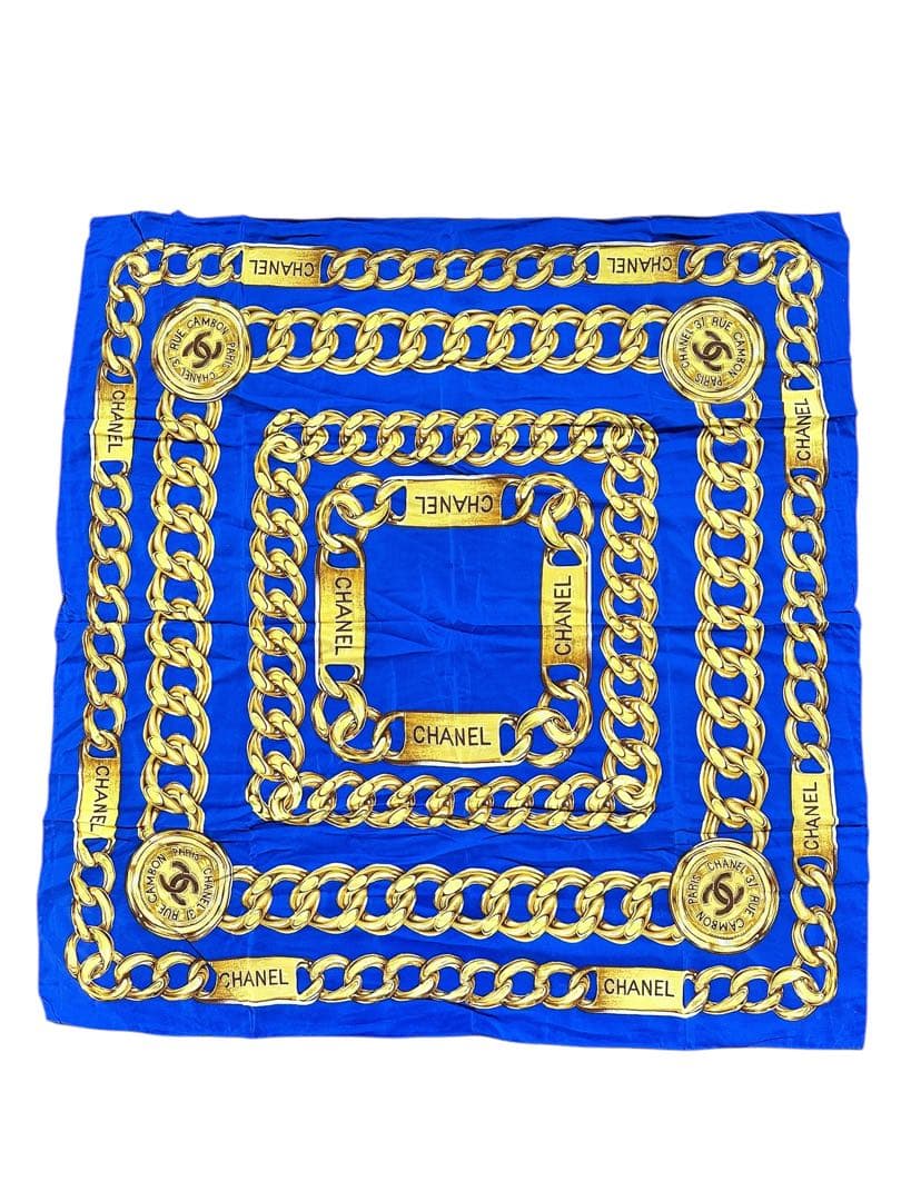 正規品 美品 CHANEL シャネル チェーン 大判スカーフ ブルー