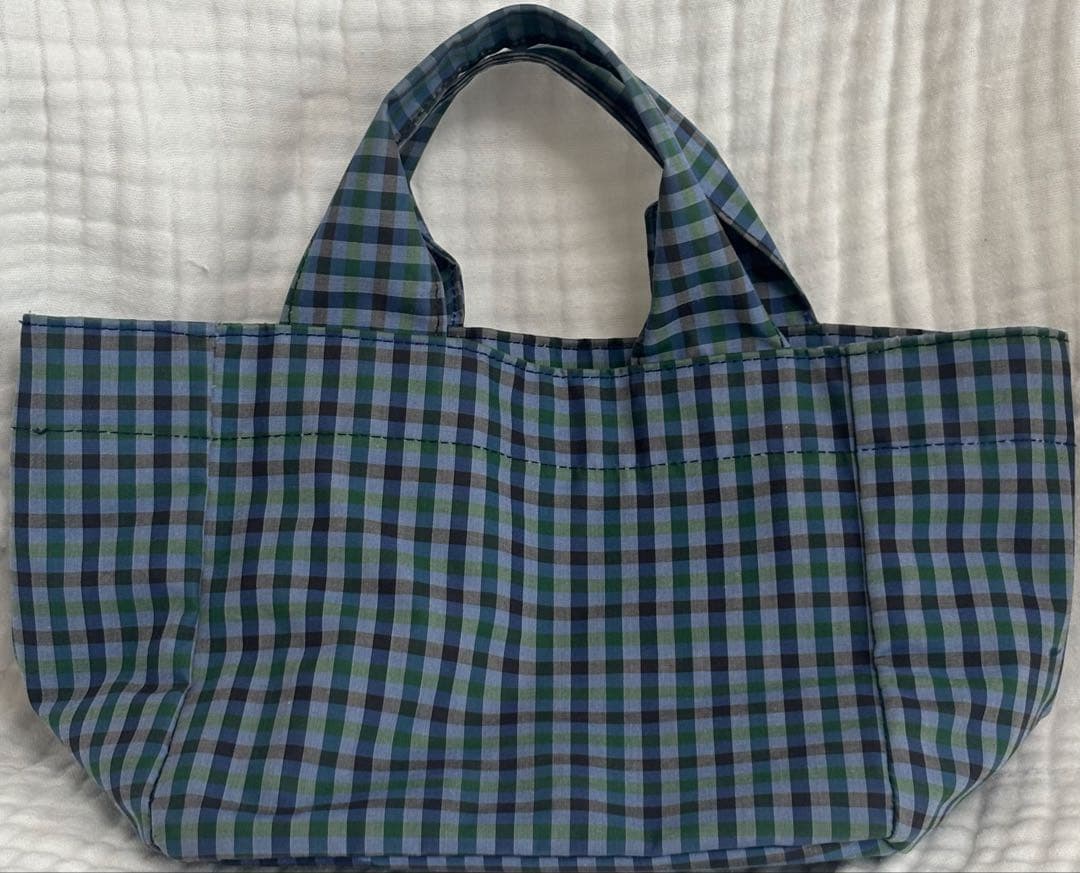 ファミリア青チェックリボン付手提げバッグ
