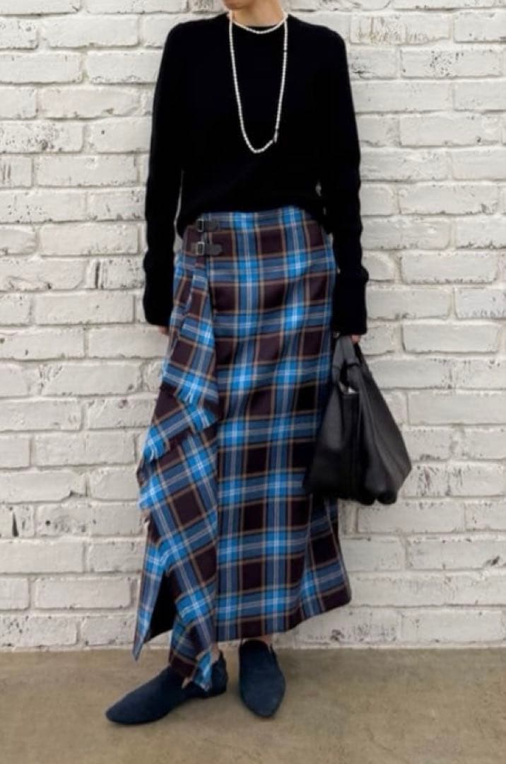 2025AW 新品【Whim Gazette】チェックフリンジスカート　ブルー