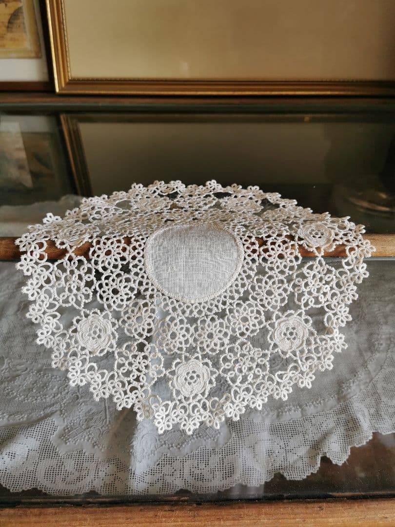 アンティーク アイリッシュリネン クロシェ編み花モチーフ ドイリー タティング風