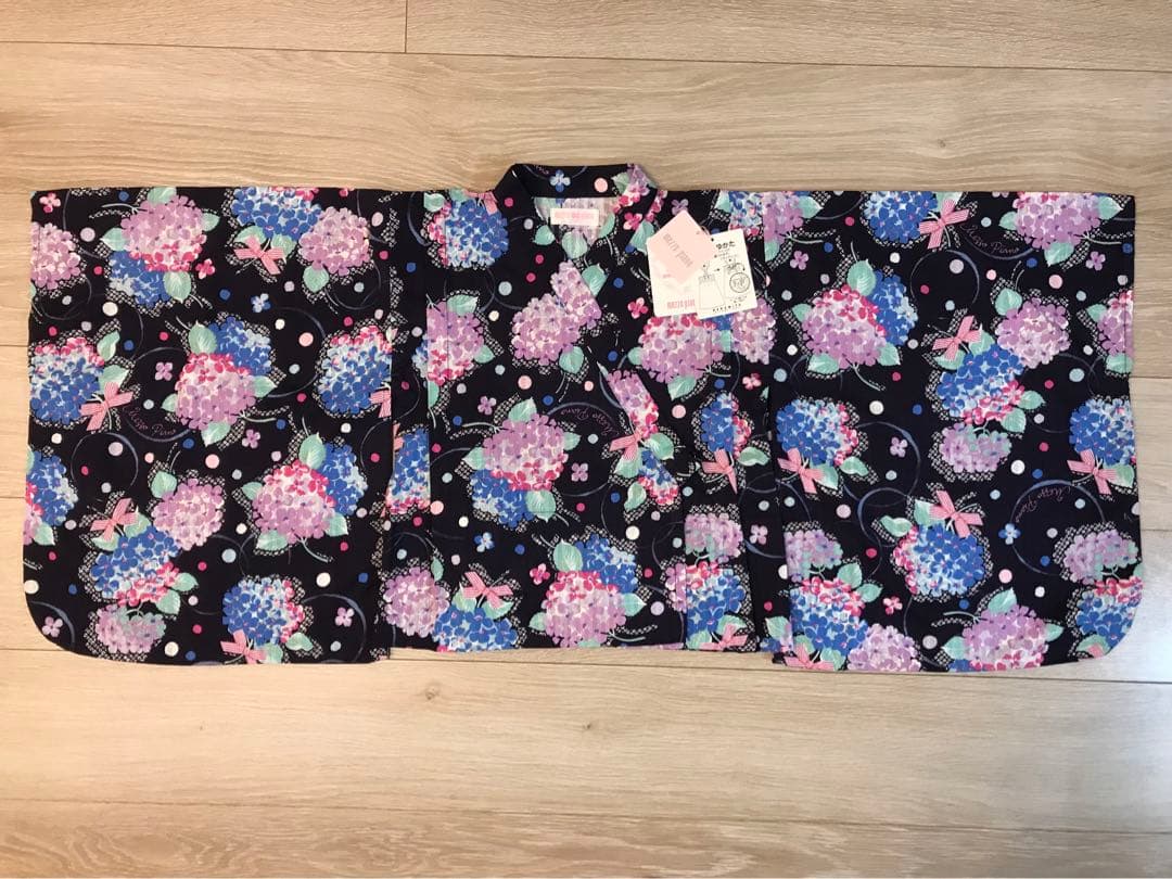 メゾピアノmezzopiano浴衣2way 紫陽花リボン　ネイビー　ラメ　140