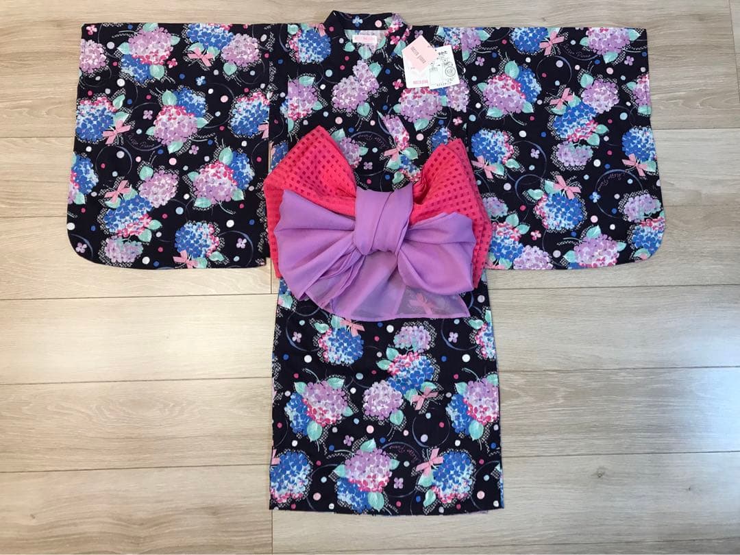 メゾピアノmezzopiano浴衣2way 紫陽花リボン　ネイビー　ラメ　140