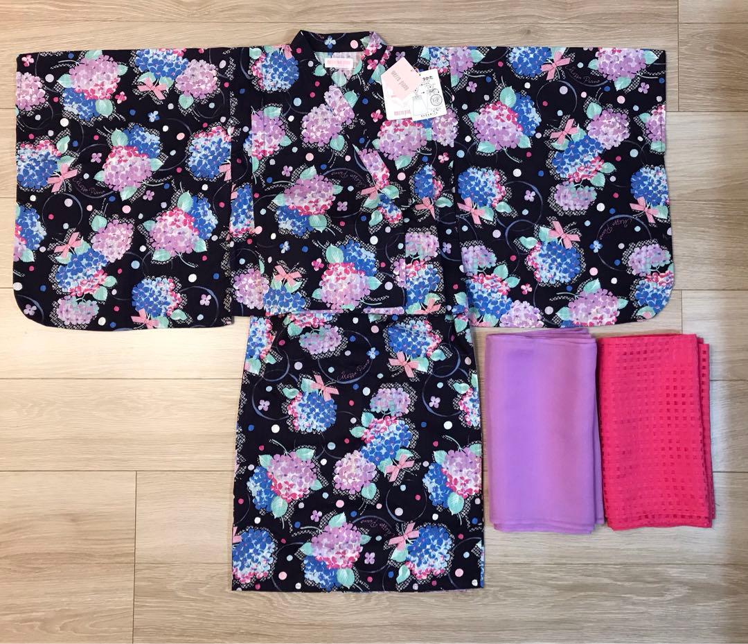 メゾピアノmezzopiano浴衣2way 紫陽花リボン　ネイビー　ラメ　140