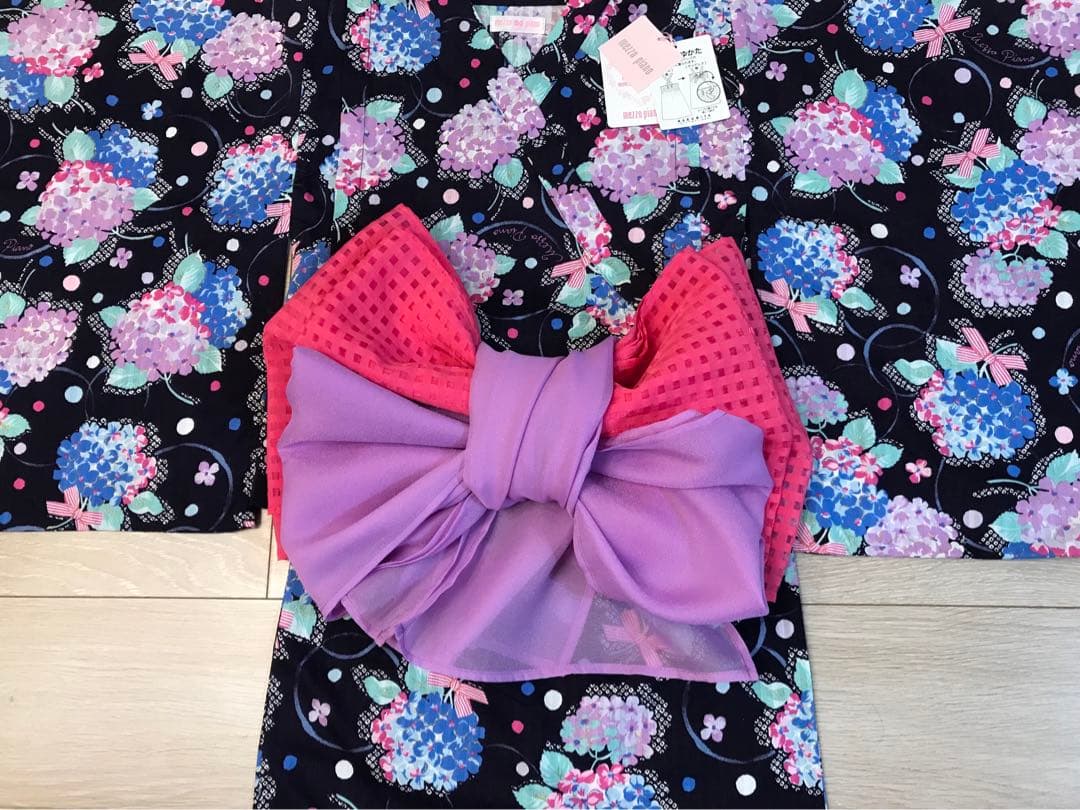 メゾピアノmezzopiano浴衣2way 紫陽花リボン　ネイビー　ラメ　140