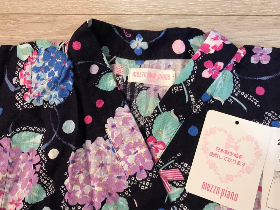 メゾピアノmezzopiano浴衣2way 紫陽花リボン　ネイビー　ラメ　140