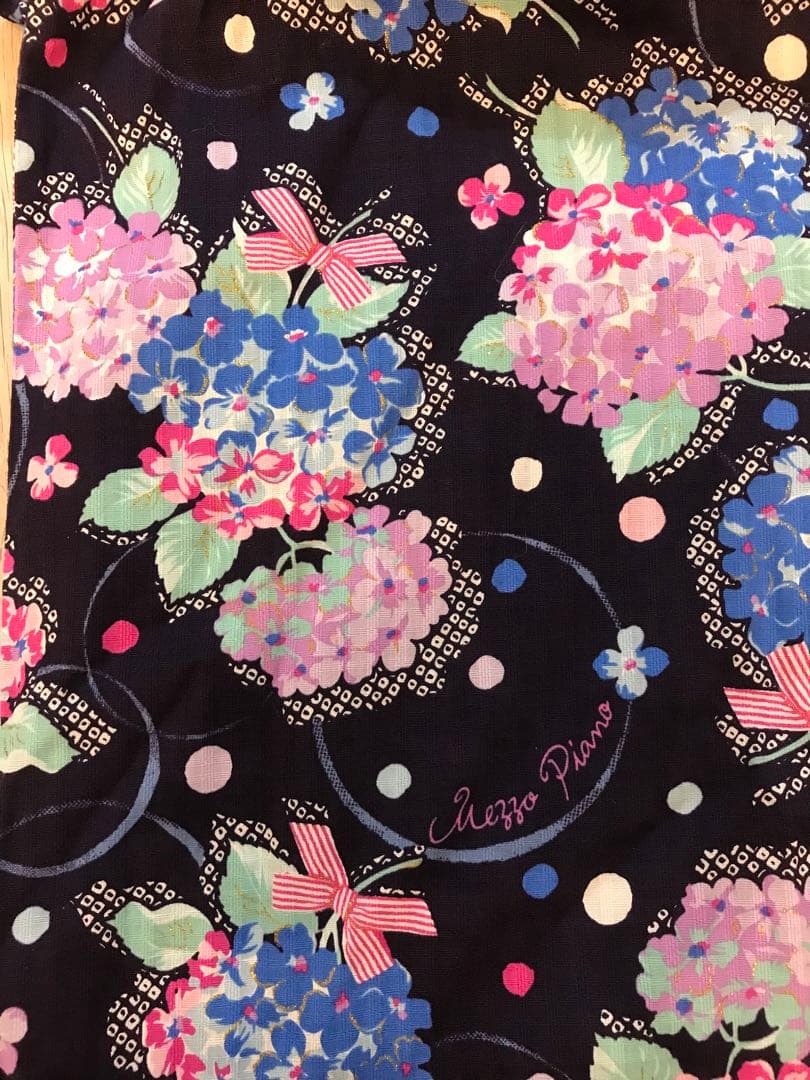 メゾピアノmezzopiano浴衣2way 紫陽花リボン　ネイビー　ラメ　140