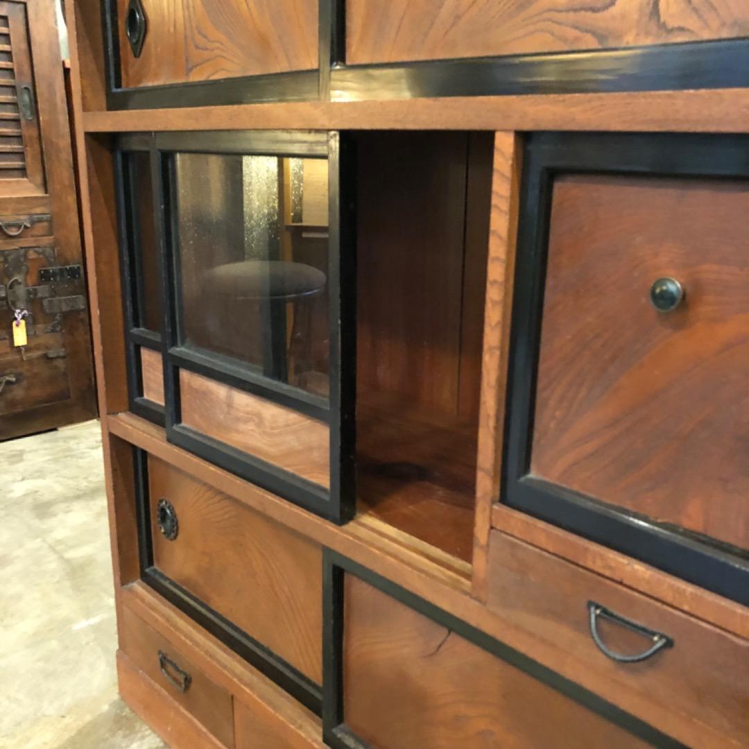 昭和アンティーク　茶棚　飾り棚　木製引き出し　ガラス戸付き　収納棚　茶箪笥　棚