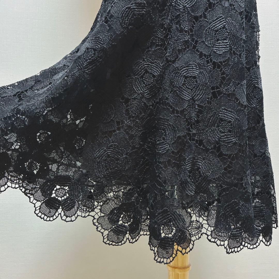 美品　エポカ　フラワー　ケミカルレース　フレアスカート　ミディ丈　日本製　黒　M