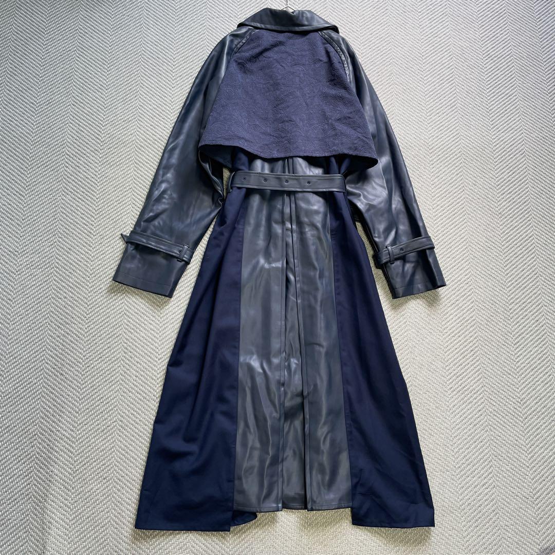 極美品　HARE　フェイクレザーイソザイトレンチコート　レース　ネイビー　ベルト