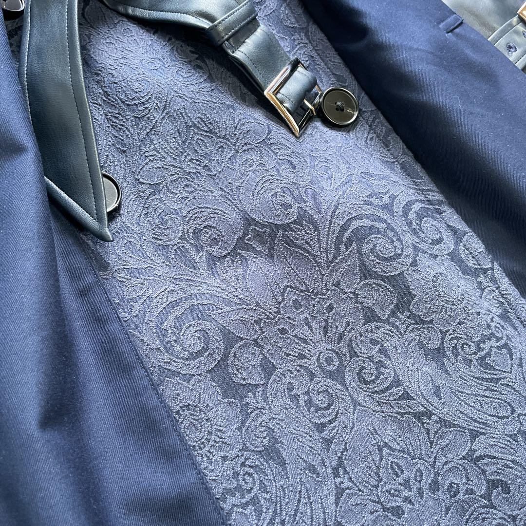 極美品　HARE　フェイクレザーイソザイトレンチコート　レース　ネイビー　ベルト