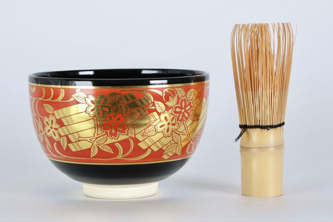 七代 高橋道八 黒釉金襴花筏茶碗 共箱付 京焼 茶道具 抹茶碗 古美術品 骨董品