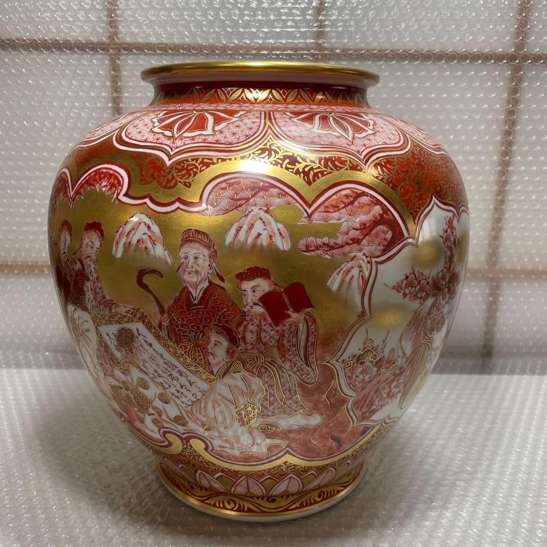 九谷焼 赤絵金彩 赤絵割取 大型 花瓶 花器 華道具