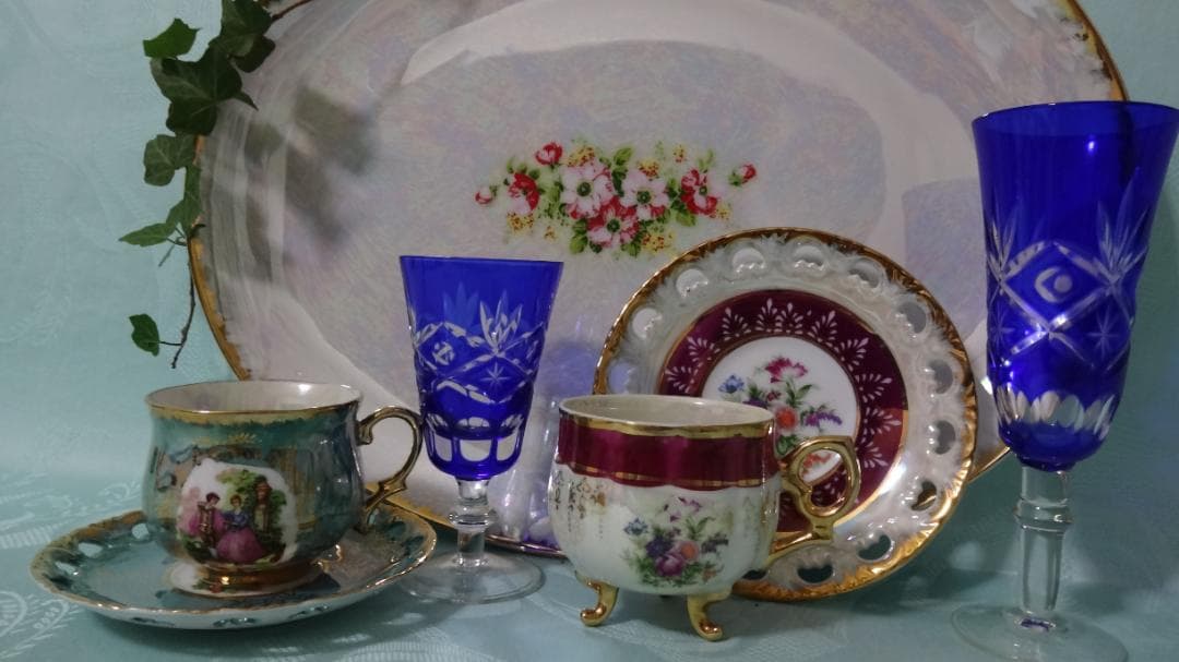 稀少 卵殻手 エッグシェル 古美術品 海外輸出用 虹色 碗皿 大皿 切子 セット