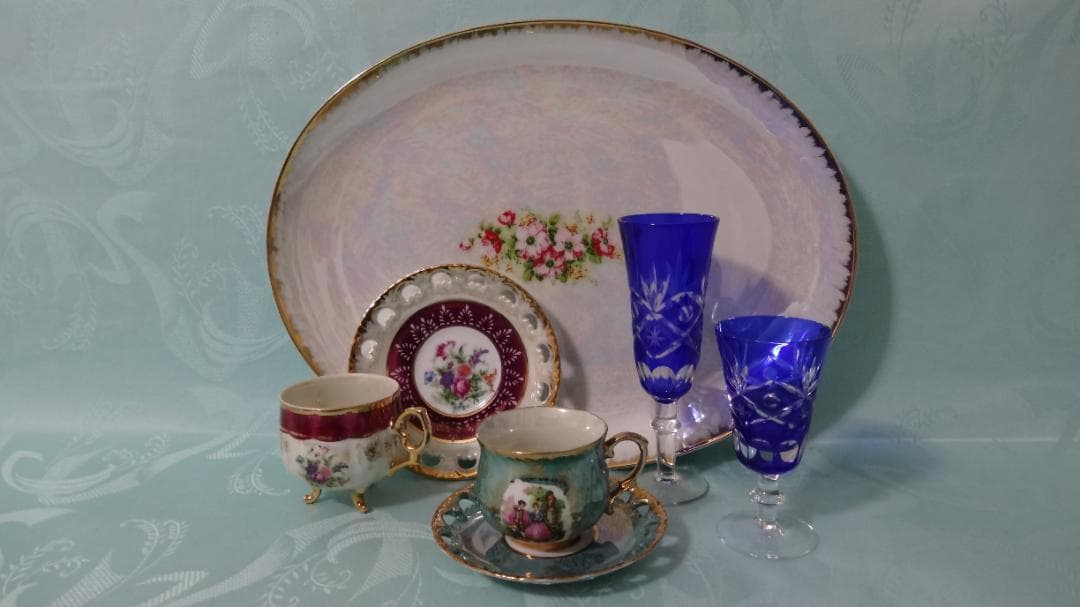 稀少 卵殻手 エッグシェル 古美術品 海外輸出用 虹色 碗皿 大皿 切子 セット