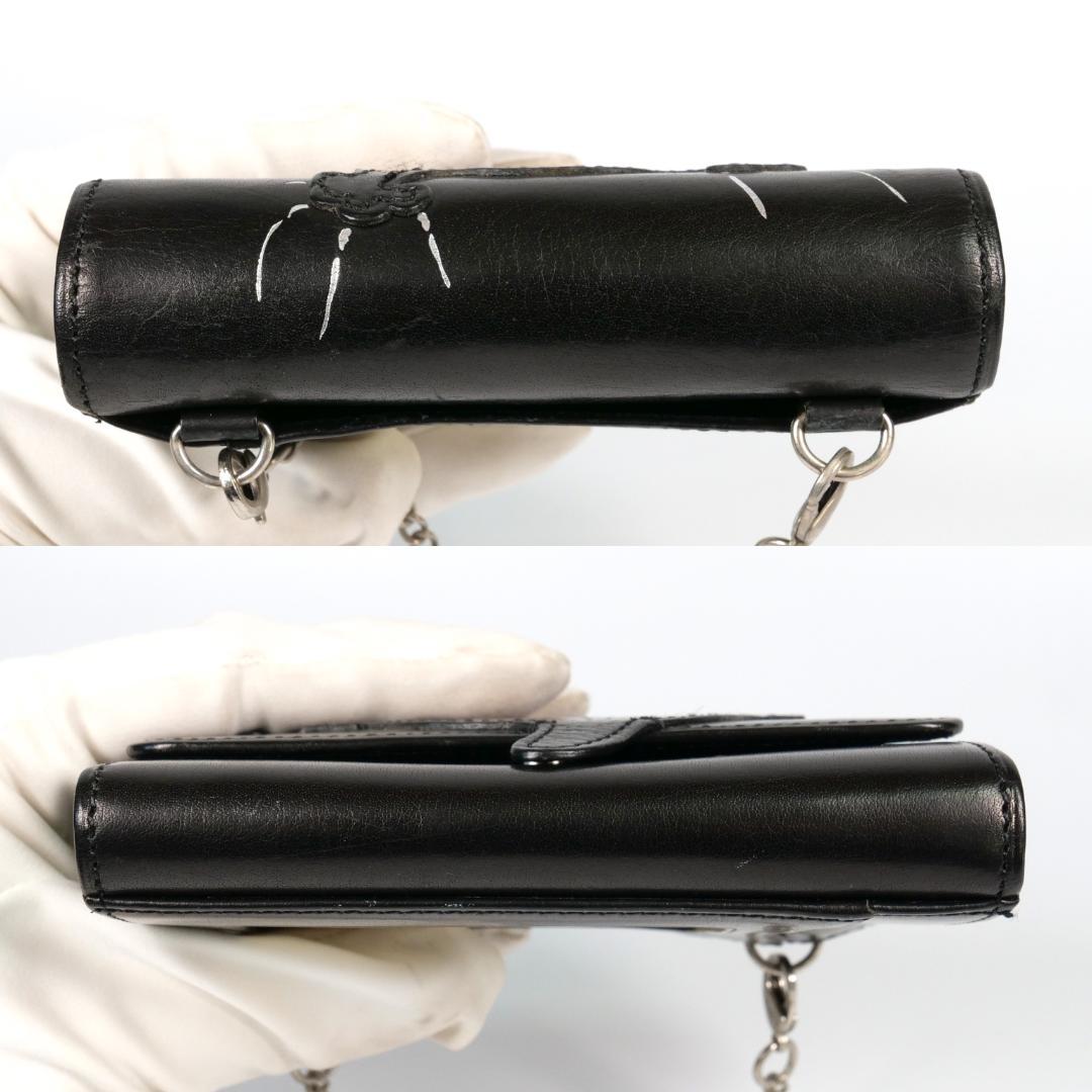 良品✨ わちふぃーるど ダヤン 本革 二つ折り財布 ブラック 刺繍 チェーン付