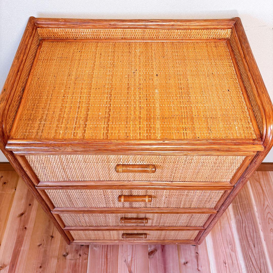 【良品】 カザマ Kazama ラタン 籐 チェスト 4段 キャスター付き