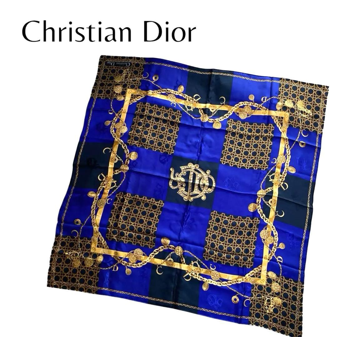 美品⭐︎Christian Dior シルクスカーフ 青 ゴールド　ディオール