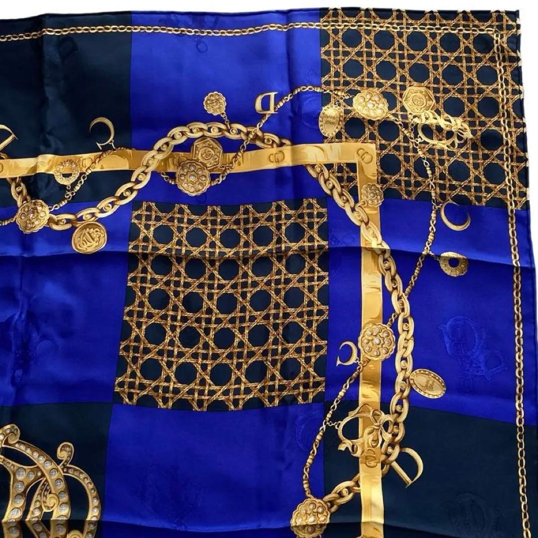 美品⭐︎Christian Dior シルクスカーフ 青 ゴールド　ディオール