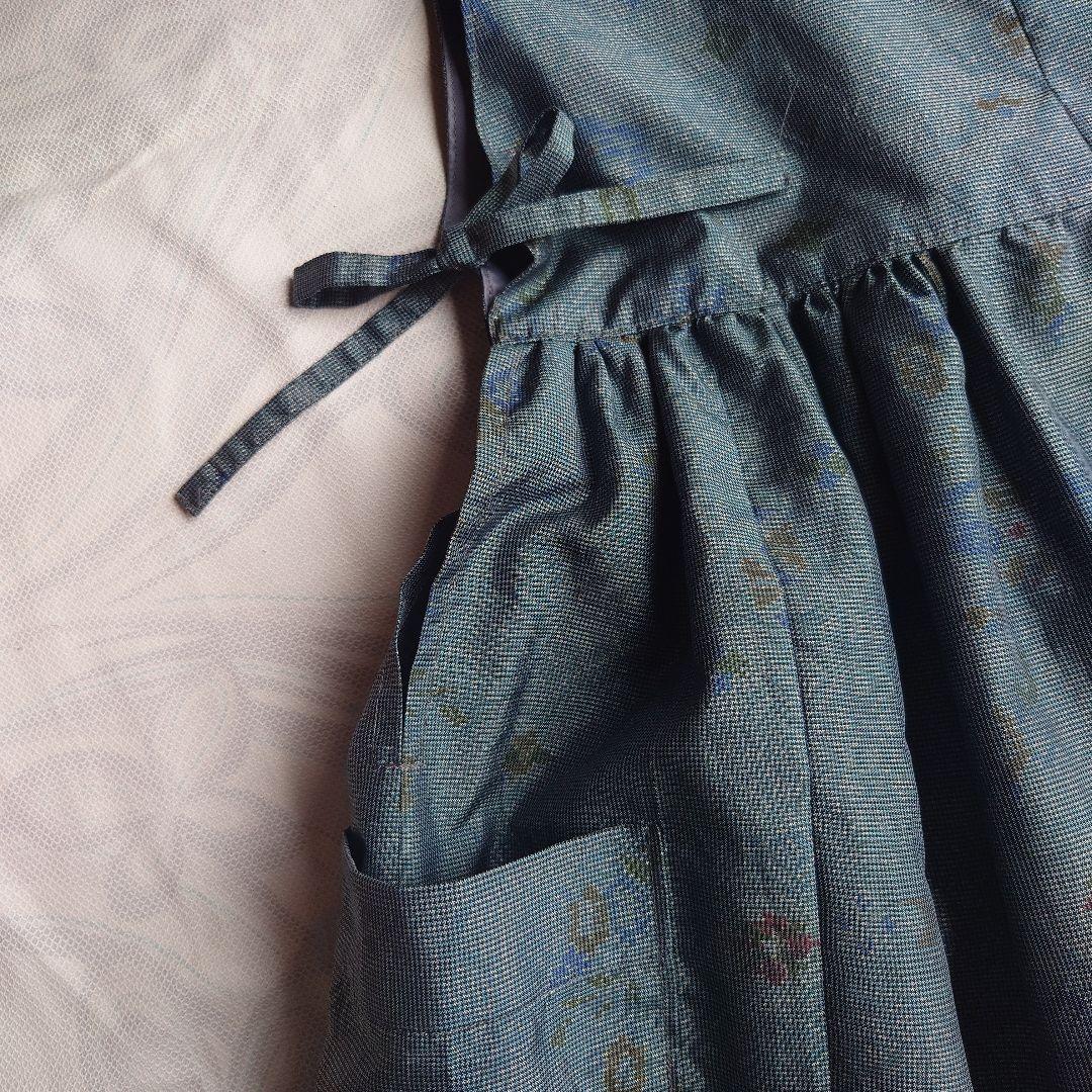 古布リメイク:大島紬【パッチワーク付脇紐、ポケット付ジャンパースカート】